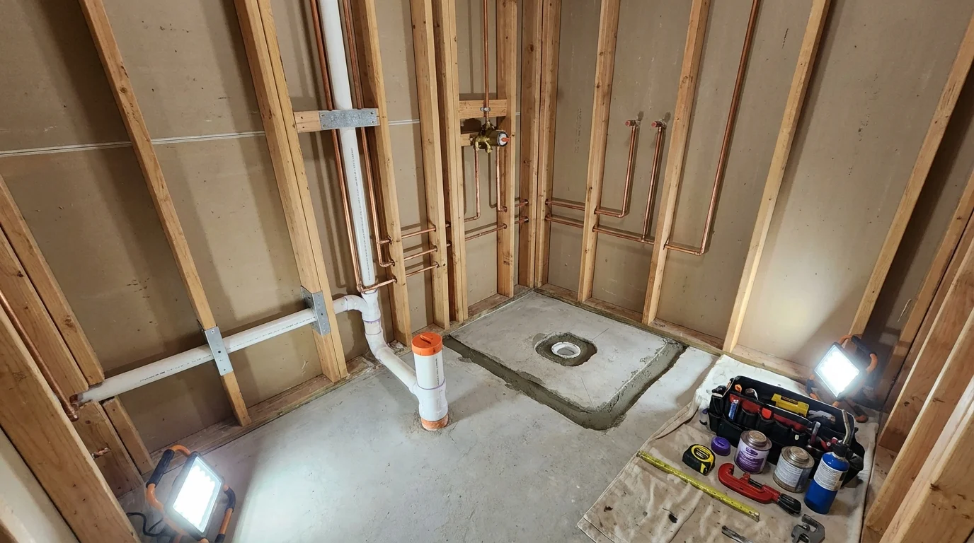 Bathroom rough-in plumbing during remodel by Johns Plumbing LLC in Valley Mills