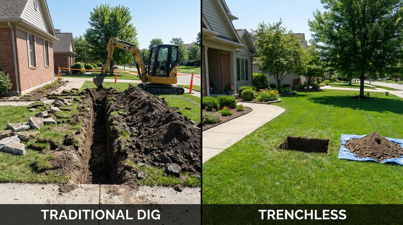 Trenchless sewer repair with minimal yard damage versus traditional excavation in Valley Mills, TX