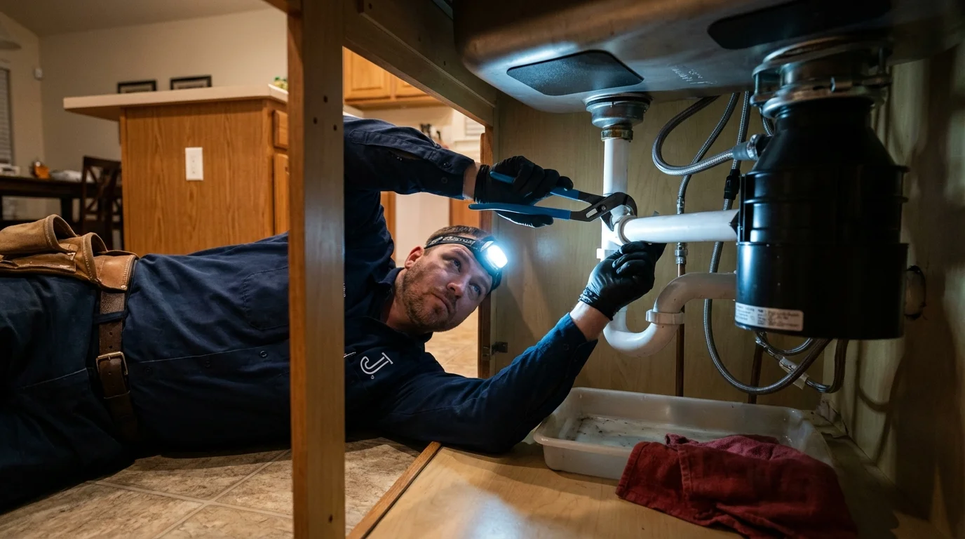 P-trap and supply line connections under a kitchen sink showing a common leak point in Valley Mills, TX